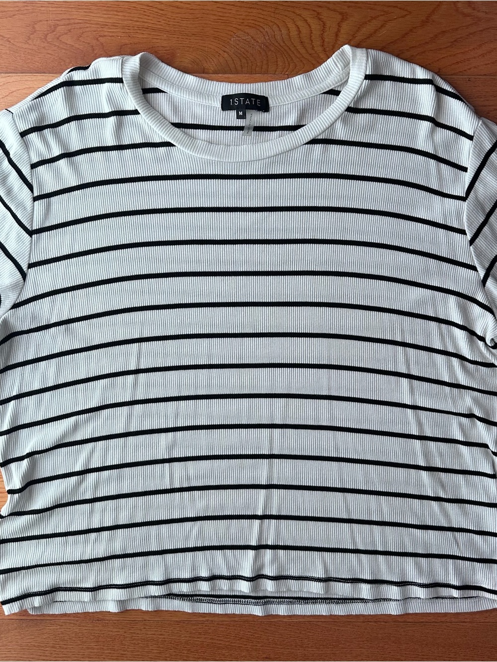 1.STATE Women's White & Black Striped Short Sleeve Tee